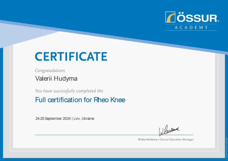 Valerii Hudyma - Rheo Knee Certificate - 09.24